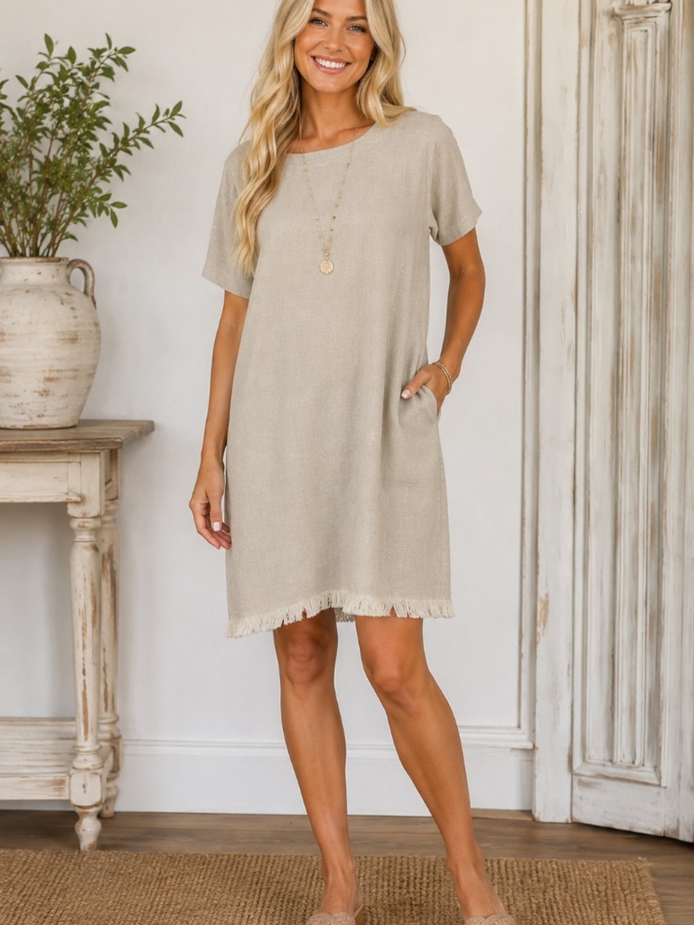Crown Linen Designs Linen Fringe Shift Dress Natural Beige NWT